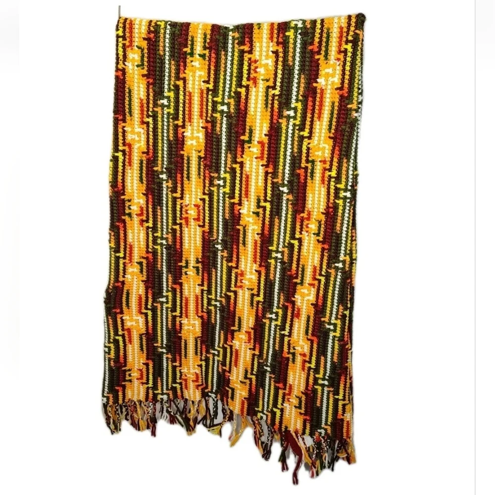 Retro 70s Fringed Crochet Blanket Scarf Wrap Shawl Handmade Lap Throw Fall 36/72